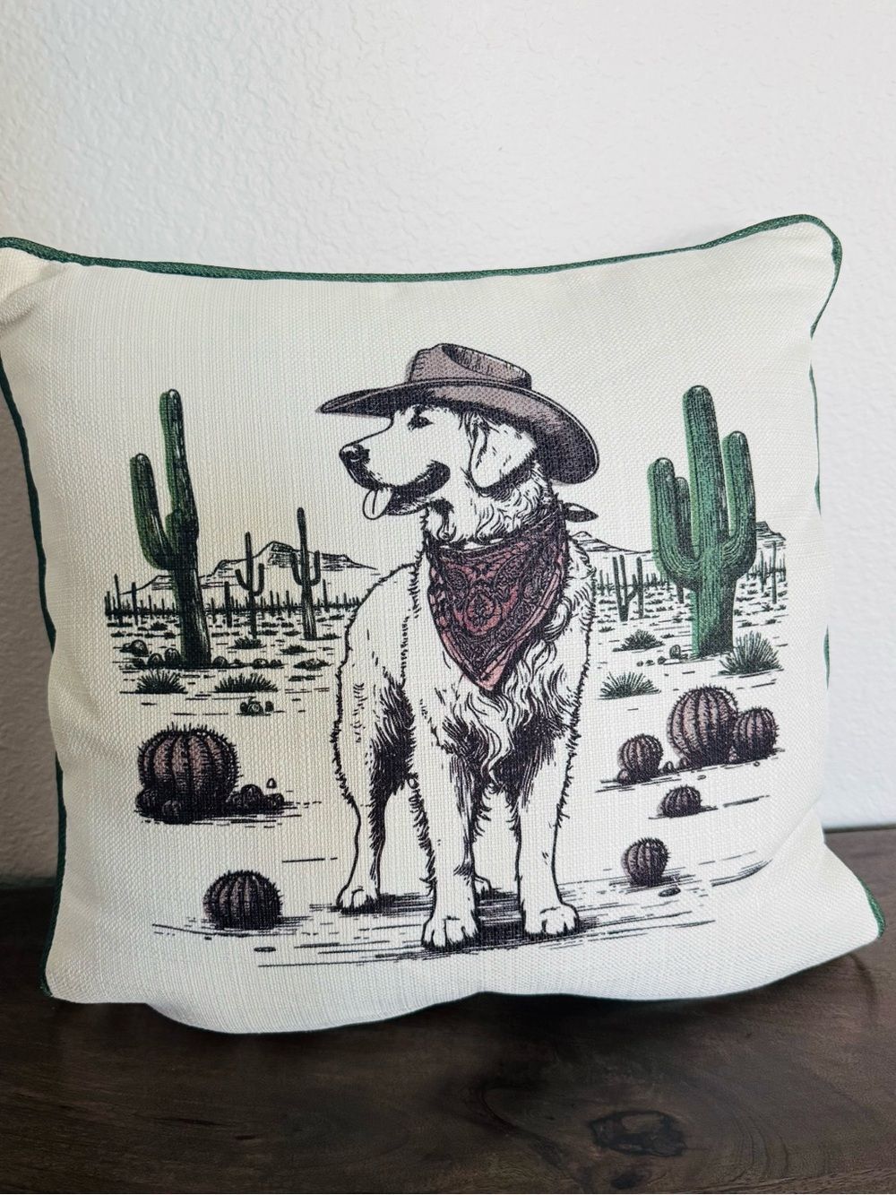 Cowboy Dog Golden Retriever Western Desert Cactus Graphic Throw Pillow